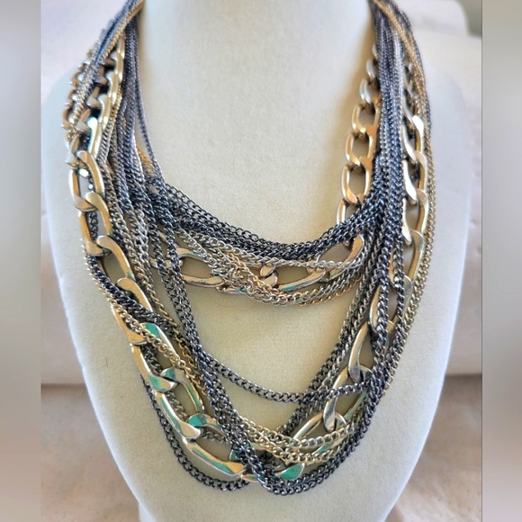Tri-Color Gold/Silver Tone Chunky Multi-Chain Layered Statement Necklace - Picture 6 of 8